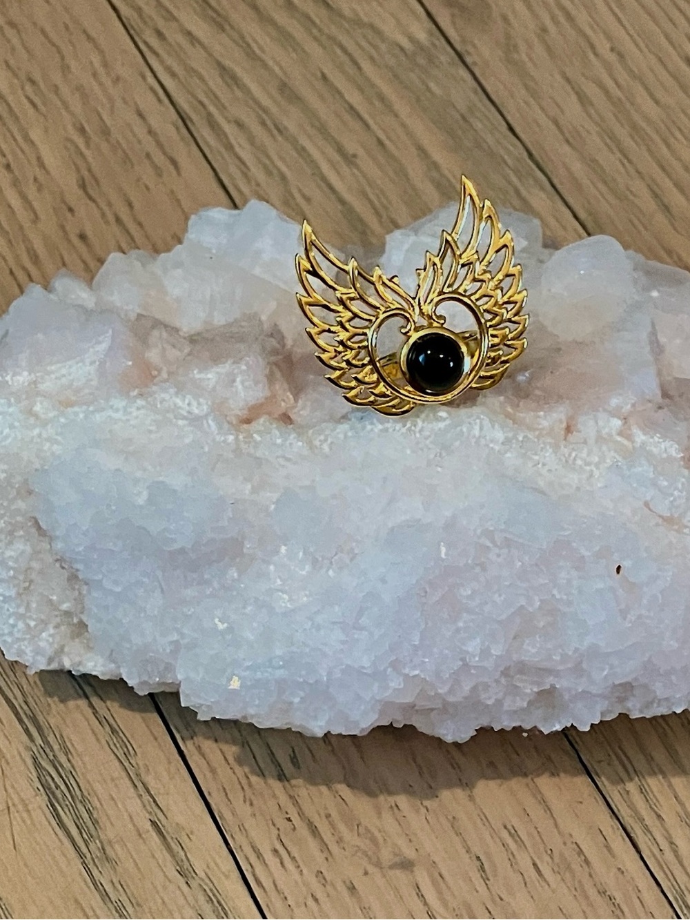 Gold Winged Ring with Black Stone Accent - Women Jewelry